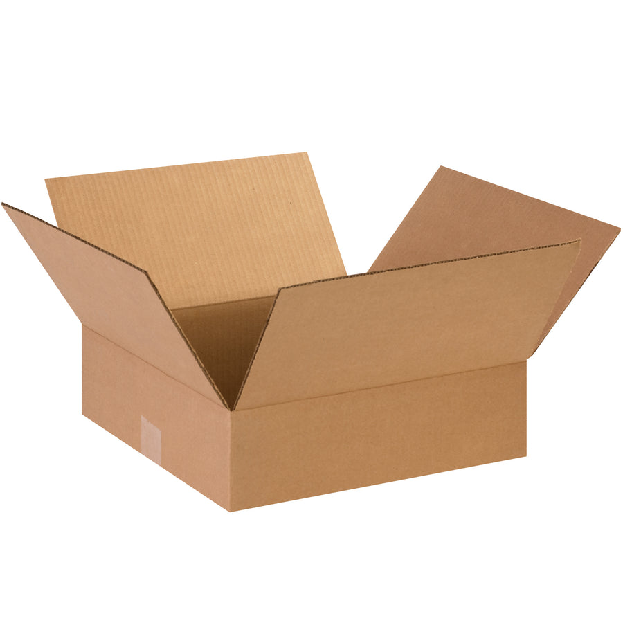 ECT-32 kraft corrugated boxes sized 14" x 14" x 4" designed for shallow-profile products. Ship flat to maximize warehouse efficiency and reduce freight costs. Sold in bundles of 25 for volume savings and consistent inventory management.