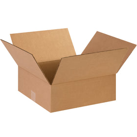Economical 14" x 14" x 5" ECT-32 kraft corrugated boxes designed for shallow-depth products. Bundle of 25 ships flat to maximize storage efficiency and reduce freight costs. Ideal for apparel, books, artwork, and mirrors.