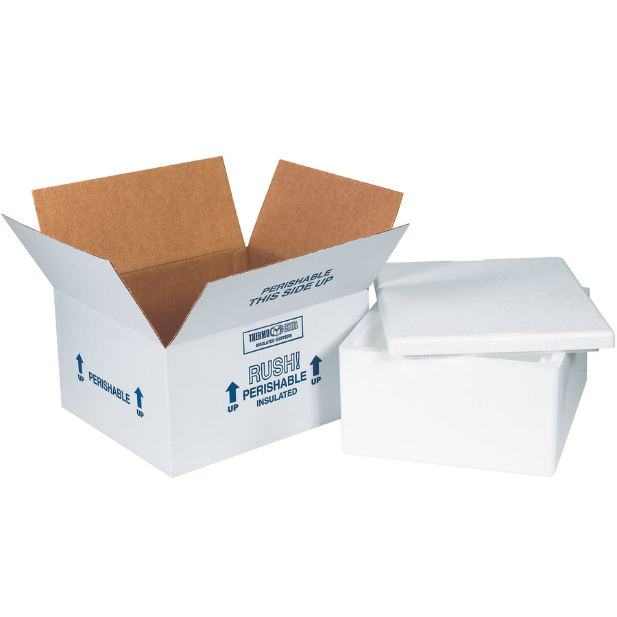 Pre-assembled 12x10x5 insulated shipping kits designed for perishable products and temperature-sensitive goods. Each case includes 4 complete units with molded EPS foam liners, tight-fitting lids, and 200# ECT-32 white corrugated cartons featuring printed Rush, Perishable, and This Side Up labels. Lightweight, reusable, and built for compliance with shipping regulations.