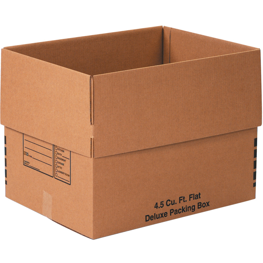 Professional-grade 24x18x18 deluxe packing boxes engineered for high-volume warehouse and fulfillment operations. ECT-32 single-wall kraft construction delivers dependable stacking strength across multiple pallets. Innovative flap tab design keeps carton flaps secure during handling, reducing packing time and material waste.