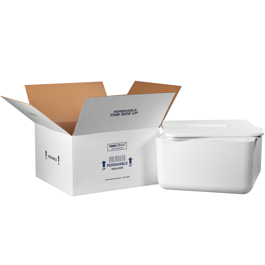 Ship temperature-sensitive products with confidence using this complete 17x17x9 insulated shipping kit. Features seamless molded EPS foam insulation paired with durable 200# white corrugated carton construction–pre-assembled and ready to pack. Lightweight, reusable design with printed Rush, Perishable, and This Side Up markings for full shipping compliance.