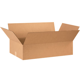 ECT-32 kraft corrugated shipping boxes sized 28" × 16" × 7" for shallow products and lightweight items. Ships flat in bundles of 20 to maximize warehouse efficiency and reduce freight spend. Ideal for apparel, books, frames, artwork, and mirrors.