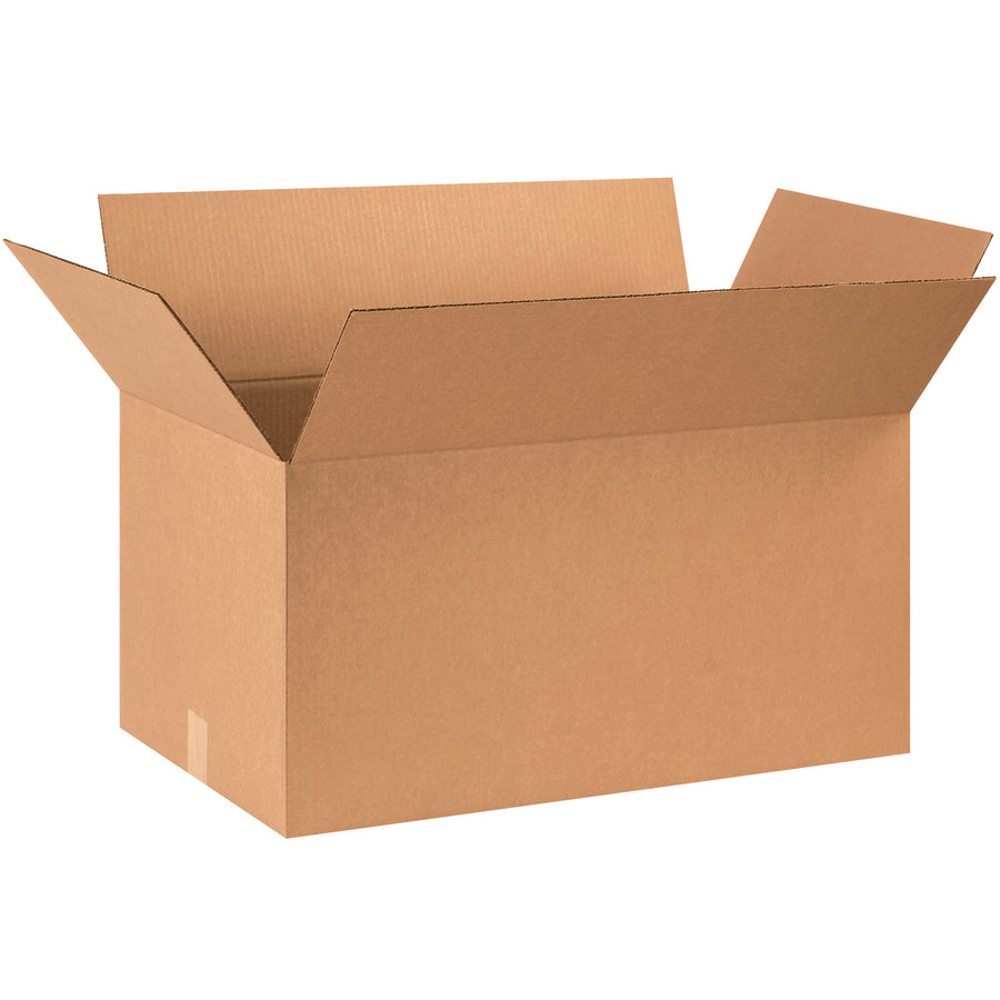 ECT-32 kraft corrugated boxes sized 29" × 17" × 15" for efficient garment storage and shipping. Accommodates clothing with or without hangers. Sold as a 15-box bundle for maximum volume savings and freight efficiency.