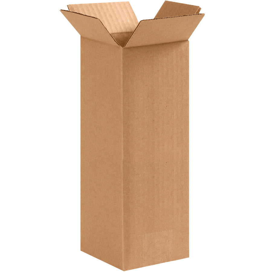 Heavy-duty 4x4x10 tall corrugated boxes built from ECT-32 kraft material for secure end-loading of elongated items. Perfect replacement for mailing tubes when shipping trophies, fishing rods, or shelving units. Bundle of 25 boxes ships flat for maximum freight efficiency and storage savings.