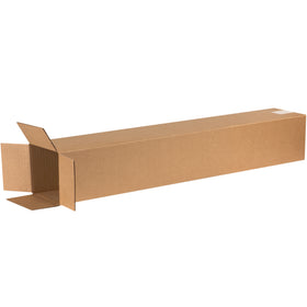 Heavy-duty 6x6x38 tall corrugated boxes built with ECT-32 kraft material for secure shipping of long items like fishing rods, trophies, and shelving units. End-loading design enables fast, efficient packing. Sold flat in bundles of 25 for maximum freight efficiency and cost savings.