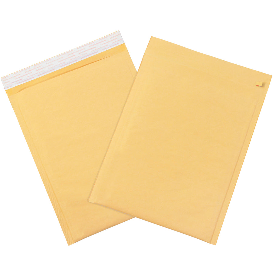 Professional-grade kraft bubble mailers designed for e-commerce packers shipping fragile goods. Features 3/16" high-slip bubble lining, tamper-evident peel-and-stick closure, and quick-open tear strip. Each case includes 25 mailers measuring 12" x 8.5" with recycled golden kraft exterior.