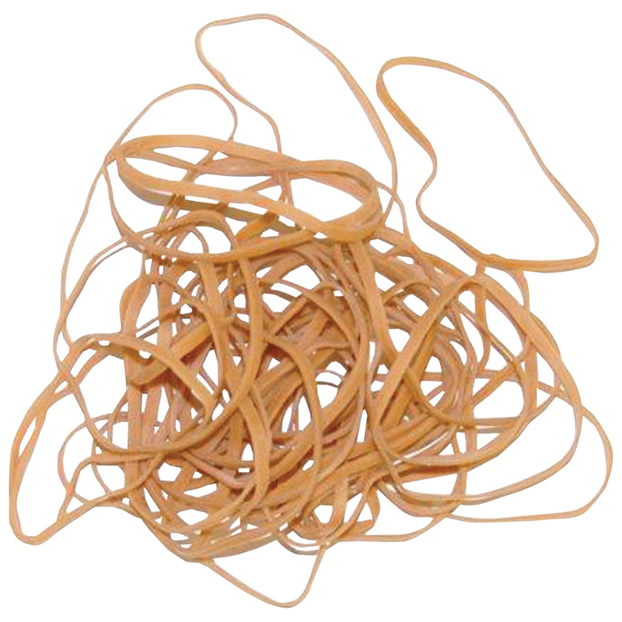 Durable 1/8" x 3.5" brown rubber bands engineered for reliable bundling, sealing, and attaching across industrial applications. This case of 6400 reusable bands delivers superior stretch and economical performance for high-volume operations. Packaged in convenient one-pound plastic bags for easy inventory management.