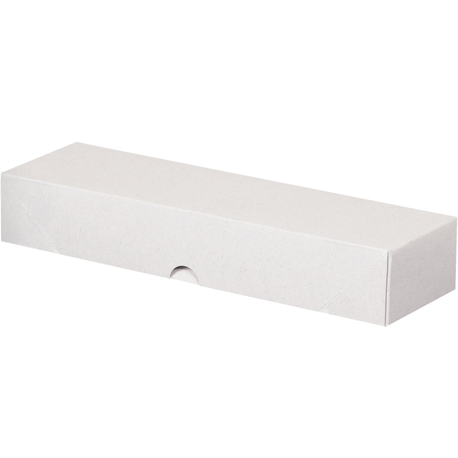 White fibreboard folding cartons with snap-lock construction that instantly assembles without tools or adhesive. Dimensions 12" x 3.5" x 2" protect documents and stationery while storing flat to maximize warehouse space. Sold by the case of 200 units.