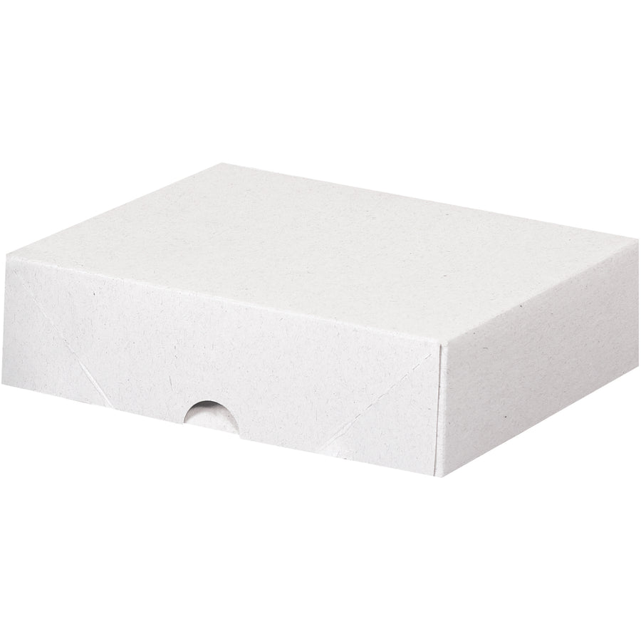 Industrial-grade white fibreboard folding cartons sized 6" x 7" x 2" with two-piece snap-out construction that assembles instantly. Each case contains 200 units and ships flat for efficient storage and transport. Perfect for protecting business cards, stationery, and documents from damage and dust.