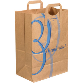 Professional 12" 7" 17" kraft paper grocery bags featuring reinforced flat handles and gusseted side walls for superior strength and capacity. Pre-printed "Thank You" messaging builds customer loyalty with every transaction. Case of 300 bags delivers economical, eco-friendly retail packaging that reduces product damage during handling and shipping.