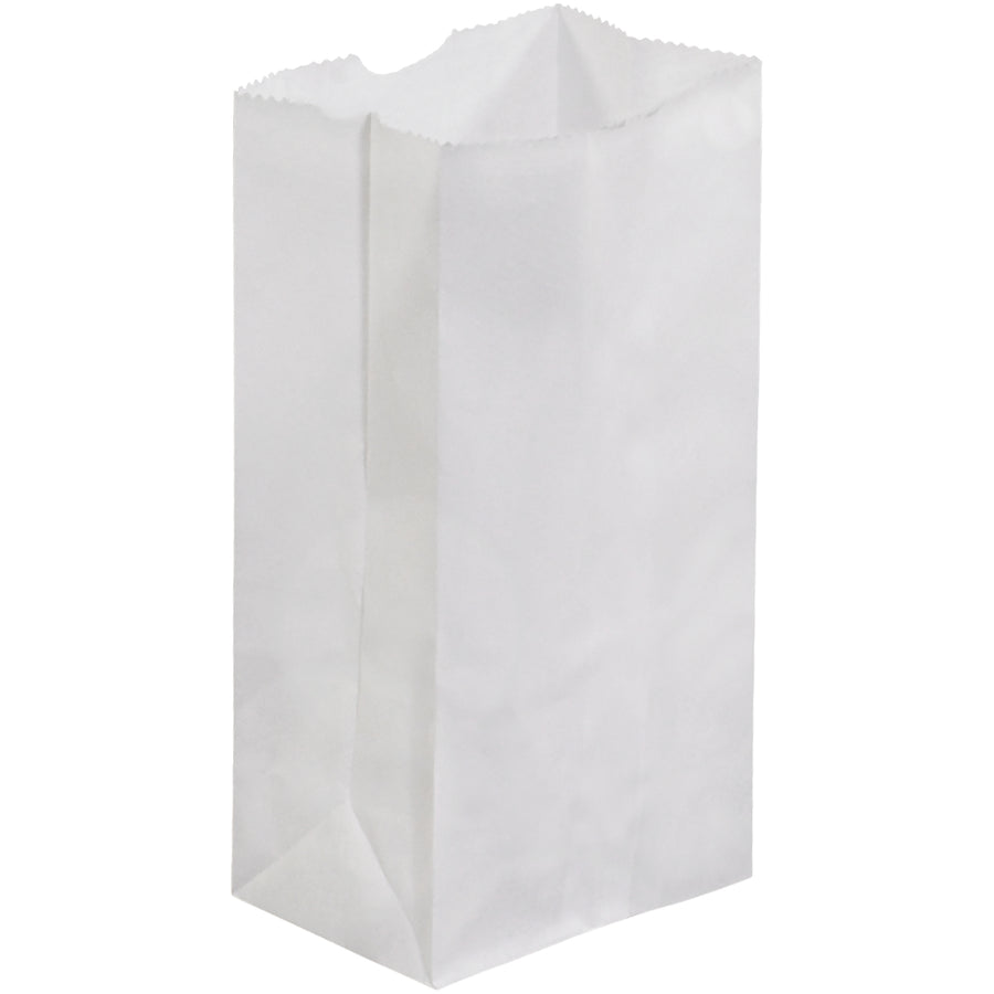Heavy-duty white paper grocery bags sized 3.5" x 2.4" x 6.9" with gusseted side walls for maximum load capacity and easy packing. Made from sturdy 30 lb. basis weight paper with convenient thumb notch opening. One case contains 500 bagsβcost-effective bulk packaging for retail, food service, and e-commerce fulfillment.