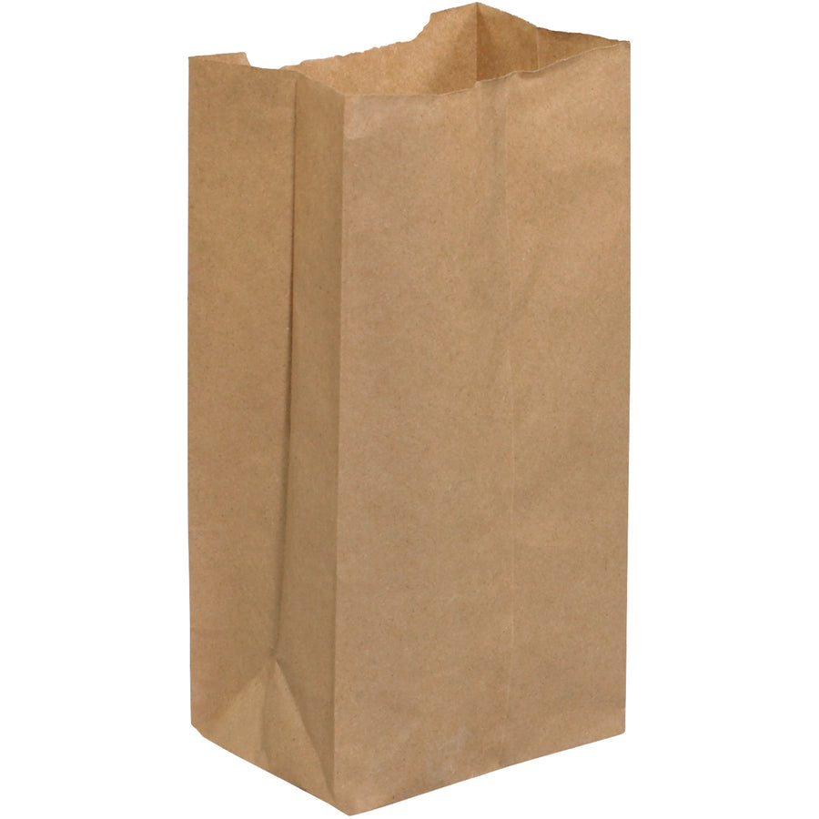Professional-grade kraft grocery bags measuring 4 3/4" x 2 15/16" x 8 9/16" built from durable 30 lb. basis weight paper. Featuring gusseted side walls and convenient thumb notch design, these retail paper bags handle multiple and bulky items with ease. Sold in cases of 500 for cost-effective bulk purchasing.