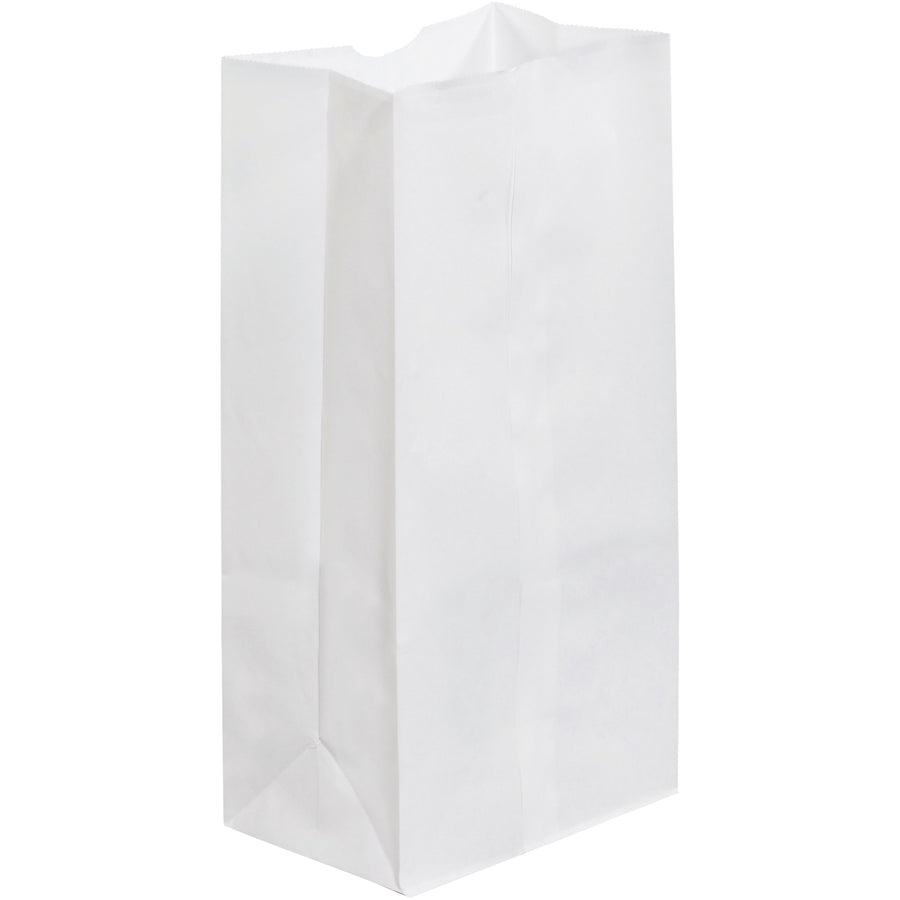 Professional-grade white grocery bags designed for high-volume retail and food service operations. 40 lb. basis weight paper with gusseted sides for secure packing of multiple or bulky items. Sold by the case of 500βcost-effective solution with thumb notch opening and reusable, recyclable construction.