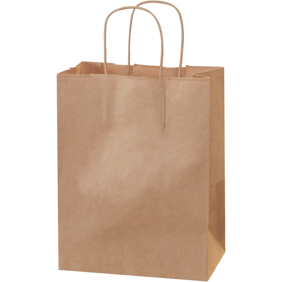 Stock durable kraft paper shopping bags with square bottoms and twisted handles–built for retail, gift, and food service applications. These 8" x 4.5" x 10.25" bags feature 60 lb. basis weight construction for maximum load capacity. Sold by the case of 250 units.