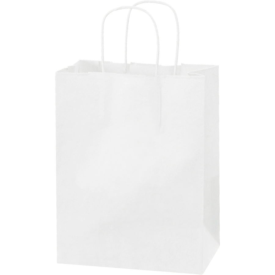 Professional-grade white paper shopping bags designed for retail efficiency and durability. 8" x 4.5" x 10.25" with twisted paper handles, 60 lb. basis weight, sold by the case of 250 bags. Stands flat-bottomed for easy packing and creates a quality brand impression.