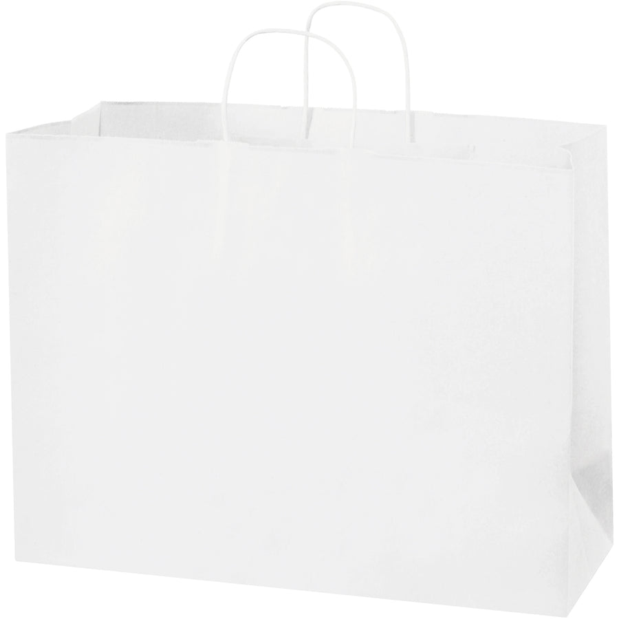 Heavy-duty white paper shopping bags designed for retail, gifts, and bulk purchases. 16" x 6" x 12" dimensions with twisted handles for maximum strength and durability. Flat-bottom design stands independently for efficient packing and storage. Sold by the case of 250.