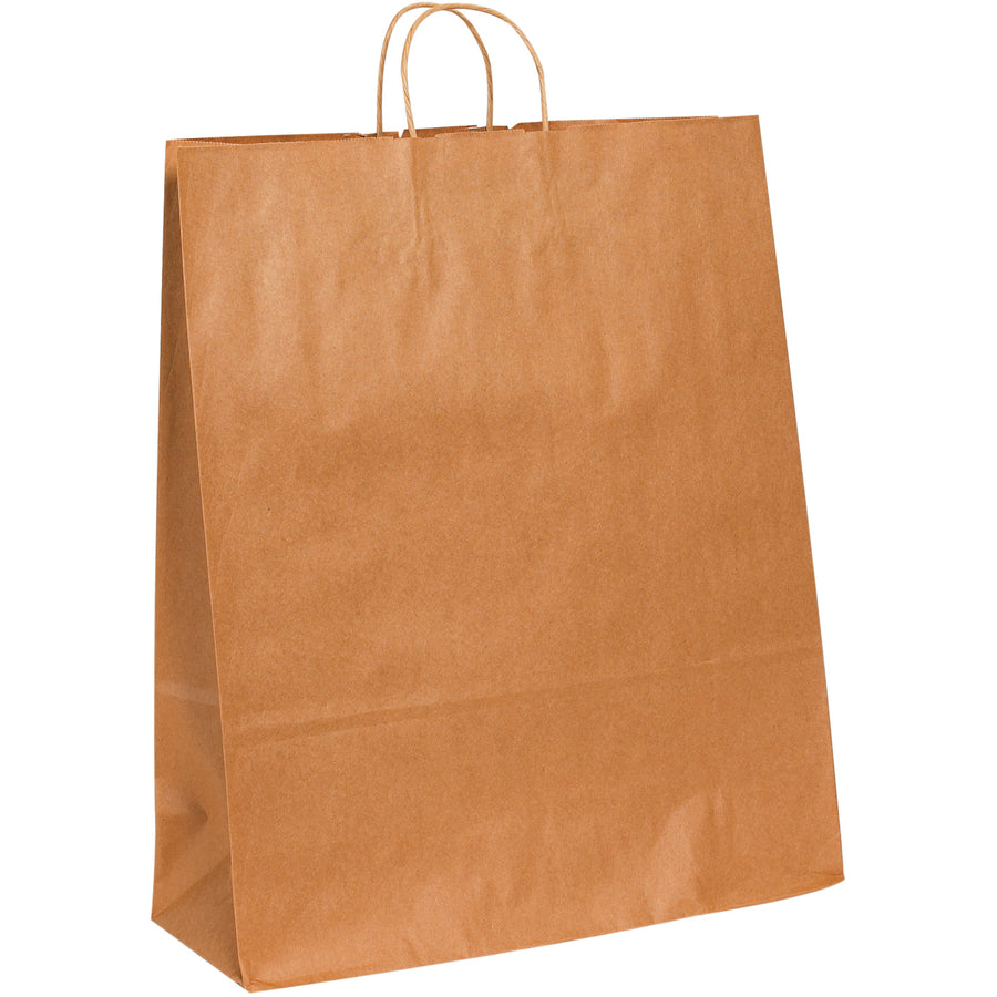 Heavy-duty kraft shopping bags with strong twisted handles and square bottoms for reliable retail and gift packaging. Made from 65 lb. basis weight kraft material for maximum durability and reusability. Case of 200 bags provides cost-efficient bulk packaging for retail businesses, event planners, and e-commerce fulfillment.