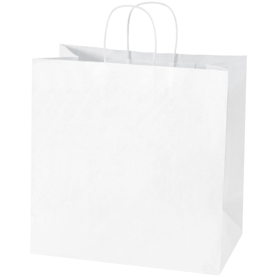 Professional white paper shopping bags designed for retail and food service applications. 13" x 7" x 13" with reinforced twisted handles and flat-bottomed construction that expands to stand upright. Bulk case of 250 bags made from 65 lb. basis weight paperβdurable, reusable, and fully recyclable.