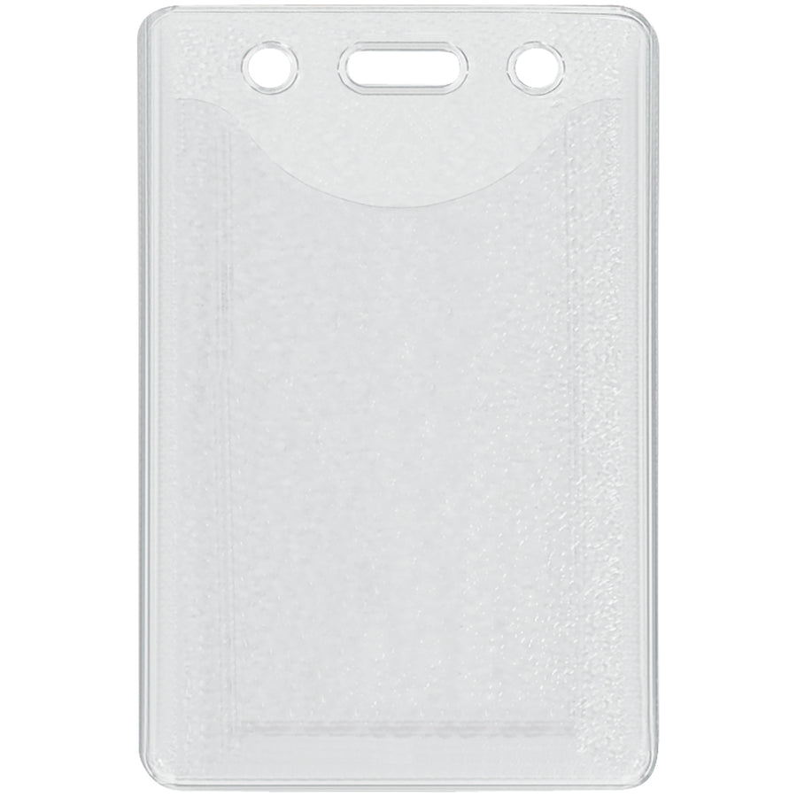 Durable 3x2" clear vinyl badge holders with pre-punched chain/slot attachment. Heavy-duty 10 mil front/30 mil back construction withstands daily workplace use. Textured back prevents card slipping. Sold by the case of 100 units.