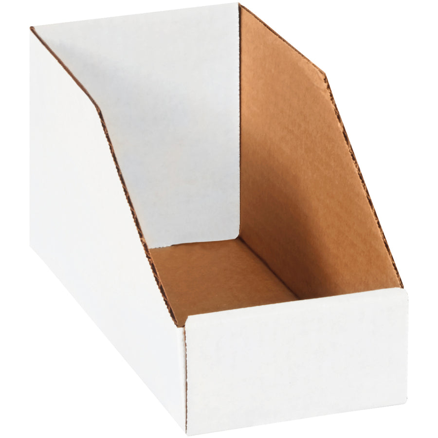Durable ECT-32-B white corrugated bin boxes designed for warehouse organization, shelf storage, and parts management. 9x4x4.5" dimensions with ample labeling space on front panel. Sold as a bundle of 50‚ready to assemble and deploy immediately.