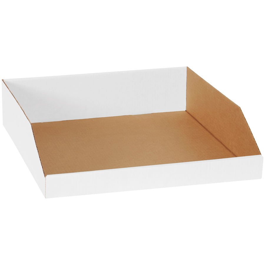 Quick-assemble white corrugated bin boxes sized 18"x18"x4.5" for warehouse organization and parts storage. Made from durable ECT-32-B corrugated material with ample labeling space. Sold as a bundle of 50 boxes to maximize your storage efficiency.