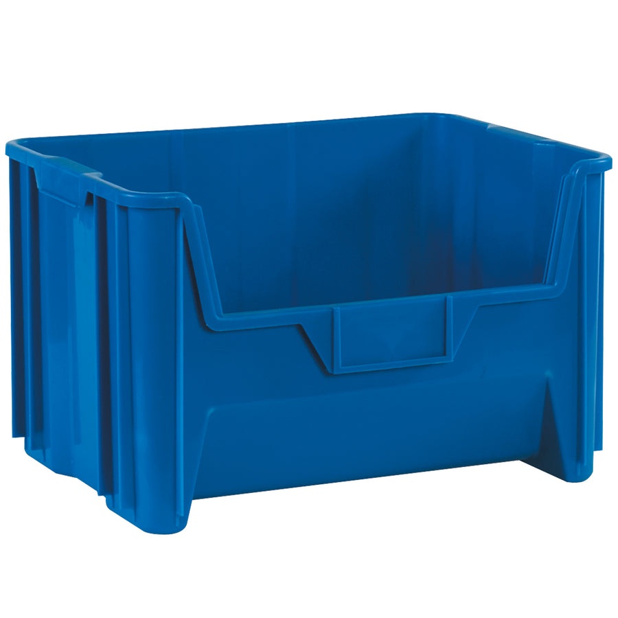 Heavy-duty HDPE injection-molded stackable bins designed for industrial storage, recycling, and medical applications. Stack up to 6 bins high to maximize vertical warehouse space while maintaining structural integrity. Includes large label holders for easy content identification–sold as a case of 3.
