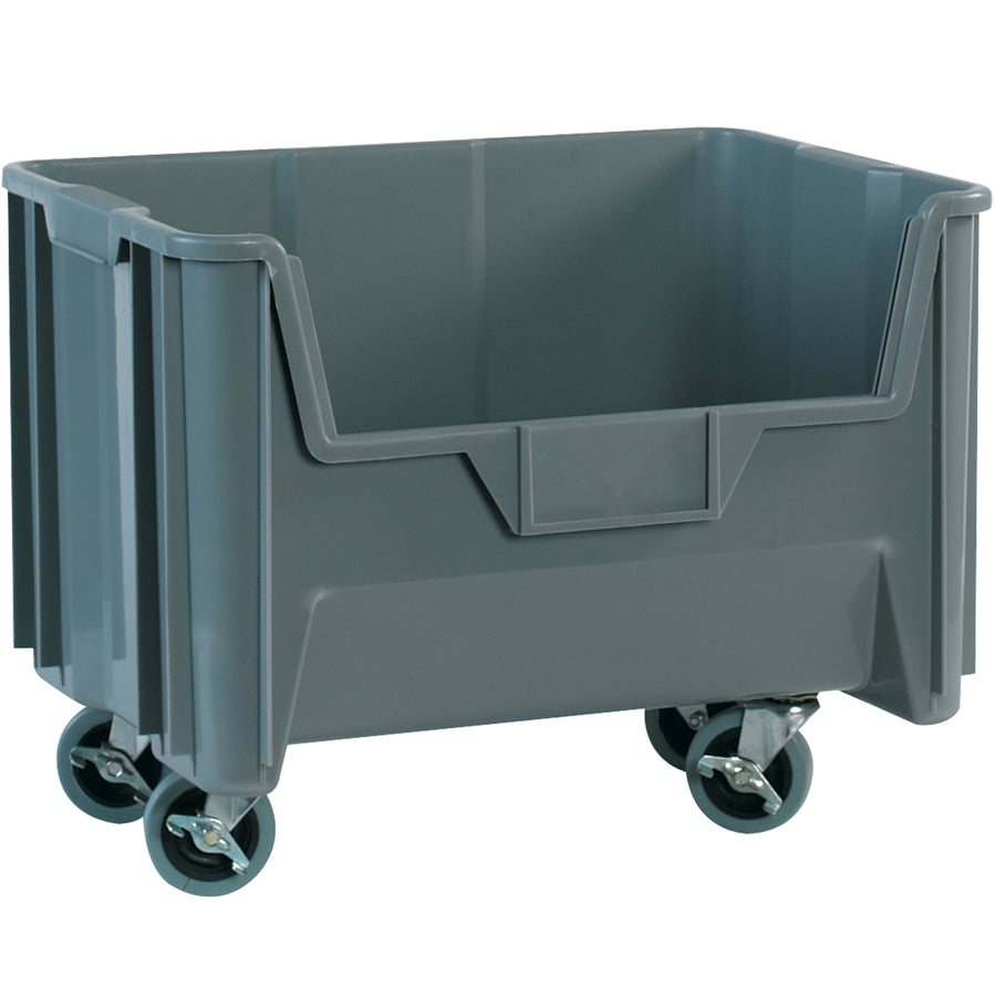 Transport and organize heavy industrial parts with confidence using these gray mobile giant stackable bins. Engineered with four heavy-duty 3" casters (two locking, two swivel) and nestable design for space-saving storage. Large label holders ensure instant content identification–comes as a case of 3 units.