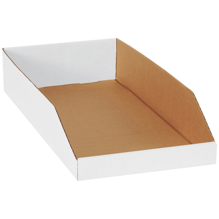 Professional-grade white corrugated bin boxes designed for industrial parts organization and warehouse storage. Each 12x24x4.5" box features ECT-32-B strength, easy assembly, and a large front panel for content identification. Bundle of 50 boxes delivers cost-effective shelf storage solutions for any work area.