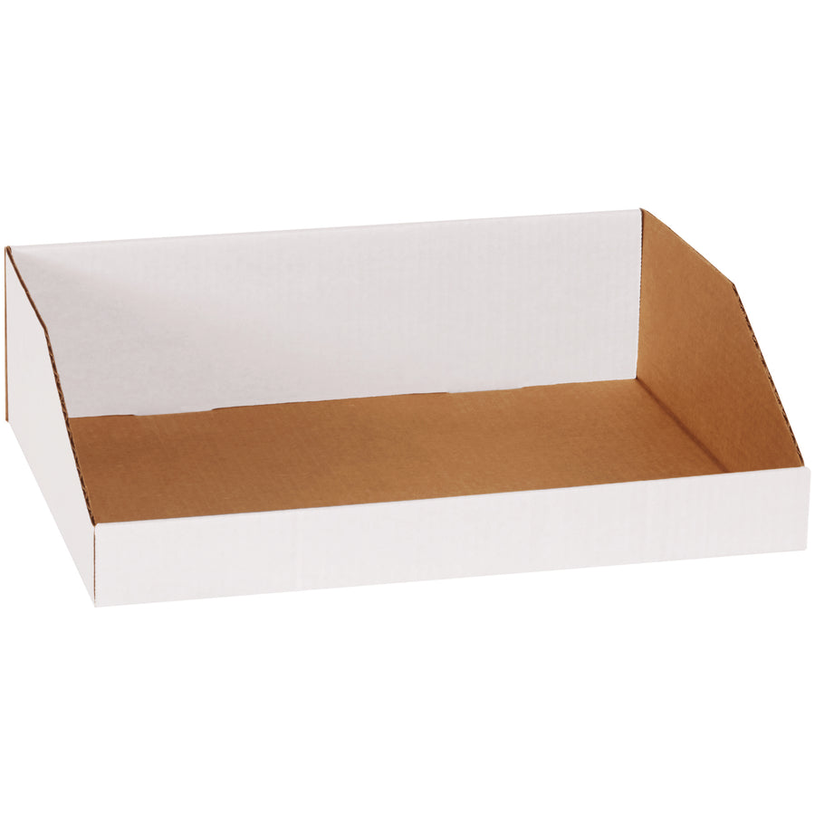Heavy-duty white corrugated bin boxes sized 16"L x 12"D x 4.5"H in bundles of 50. Built from ECT-32-B material for superior durability and stackability. Perfect for warehouse organization, parts storage, and work area setup with easy assembly and ample labeling space.