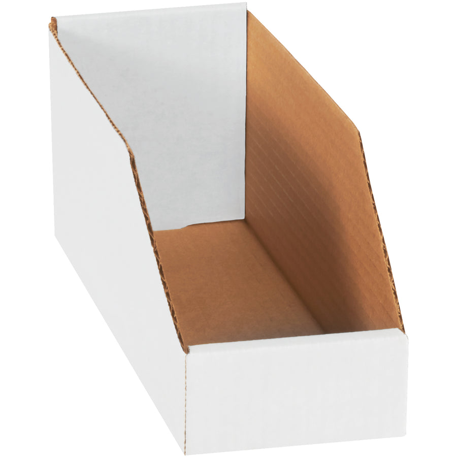 Heavy-duty ECT-32-B white corrugated bin boxes designed for warehouse and shelf storage organization. These 4x12x4.5" open-top cardboard bins assemble instantly and feature ample front-panel space for content labeling. Bundle of 50 boxes‚maximize efficiency and cut per-unit costs.