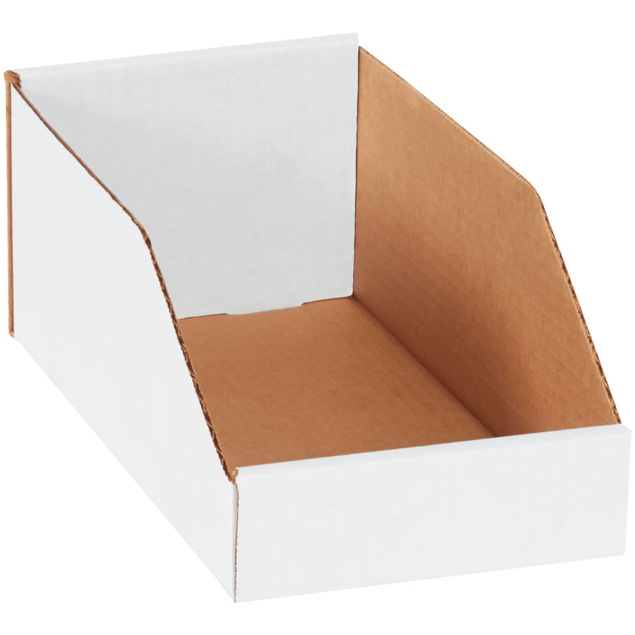 Heavy-duty ECT-32-B white corrugated bin boxes designed for warehouse storage, shelf organization, and parts bins. Easy-to-assemble 6" 12" 4.5" open-top design with large labeling space. Bundle of 50 cartons ready to ship.