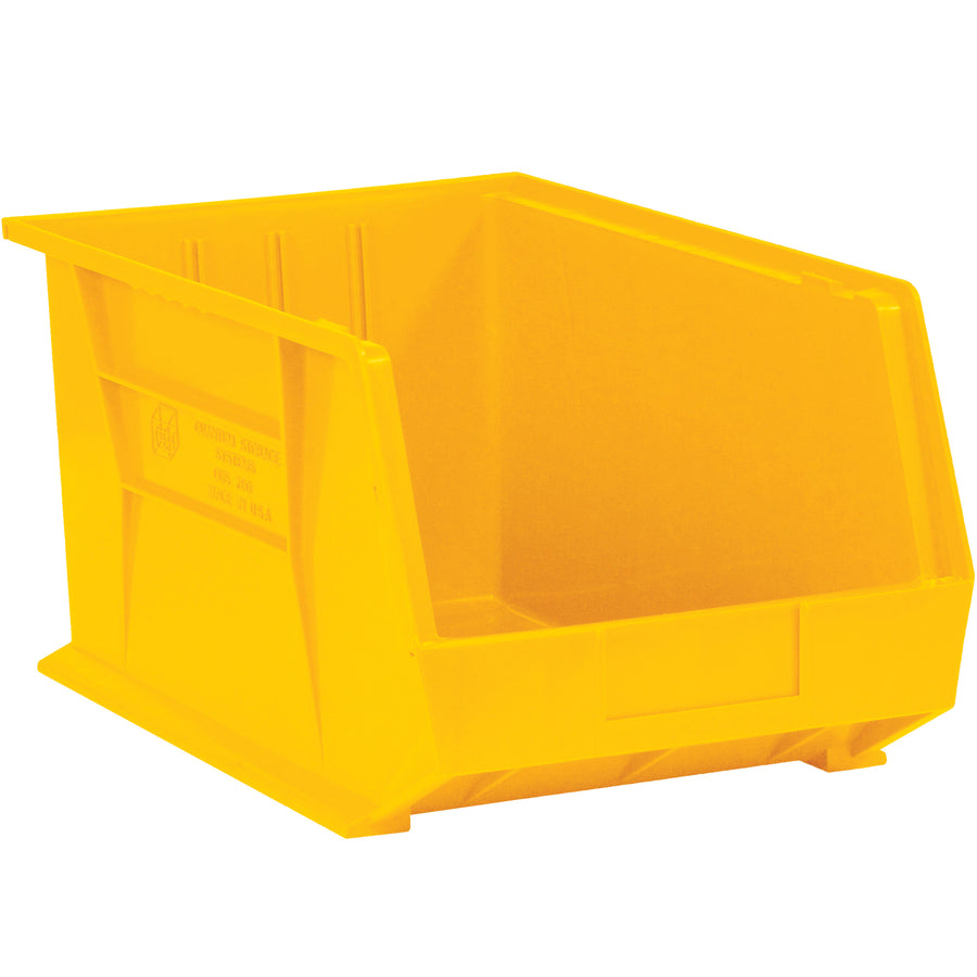Store and organize small parts with durable yellow plastic stack and hang bins featuring a flat front panel for easy labeling. These stackable bin boxes maximize vertical shelf space and ship in a convenient case of 24 units (5 3/8" x 4 1/8" x 3" exterior, 4 3/4" x 3 7/16" x 2 13/16" interior).