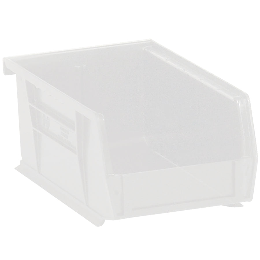 Store and organize small parts efficiently with these durable clear plastic stack and hang bin boxes (9.25" x 6" x 5"). Each case includes 12 bins featuring a flat front panel for easy labeling and a stackable design that maximizes shelf space. Ideal for industrial parts organization, components storage, and inventory management.