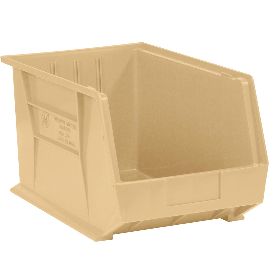 Save floor space and organize small parts efficiently with these durable ivory plastic stack and hang bin boxes. Featuring a flat front panel for easy labeling, these stackable bins maximize shelf storage and fit standard 10 3/4" shelving. Sold by the case of 6.