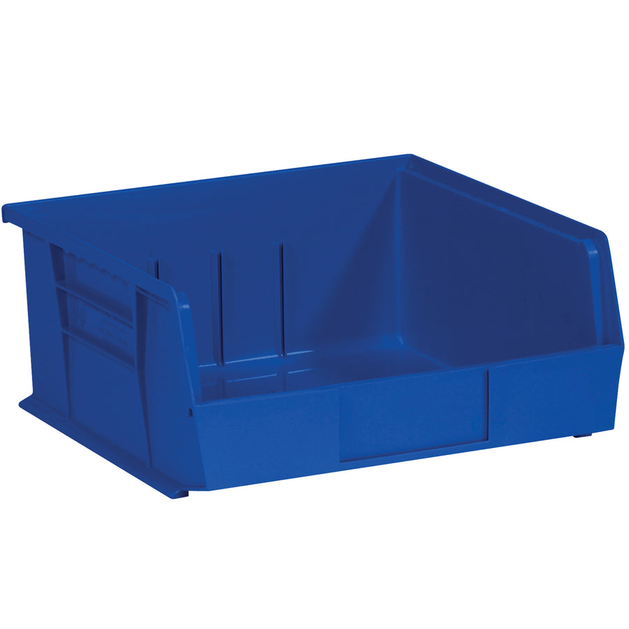 Maximize warehouse efficiency with these durable blue plastic stack and hang bin boxes measuring 10 7/8" x 11" x 5". The flat front panel accommodates easy labeling, while stackable design saves valuable shelf space. Sold by the case of 6 units for cost-effective parts organization.