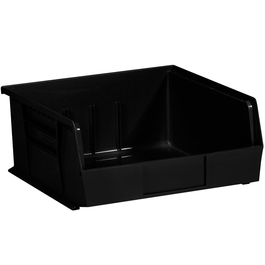Store small parts efficiently with these durable black plastic stack and hang bins that maximize shelf space. Features a flat front panel for easy labeling and stackable design to organize your workspace. Sold as a case of 6 bins (10 7/8" x 11" x 5").