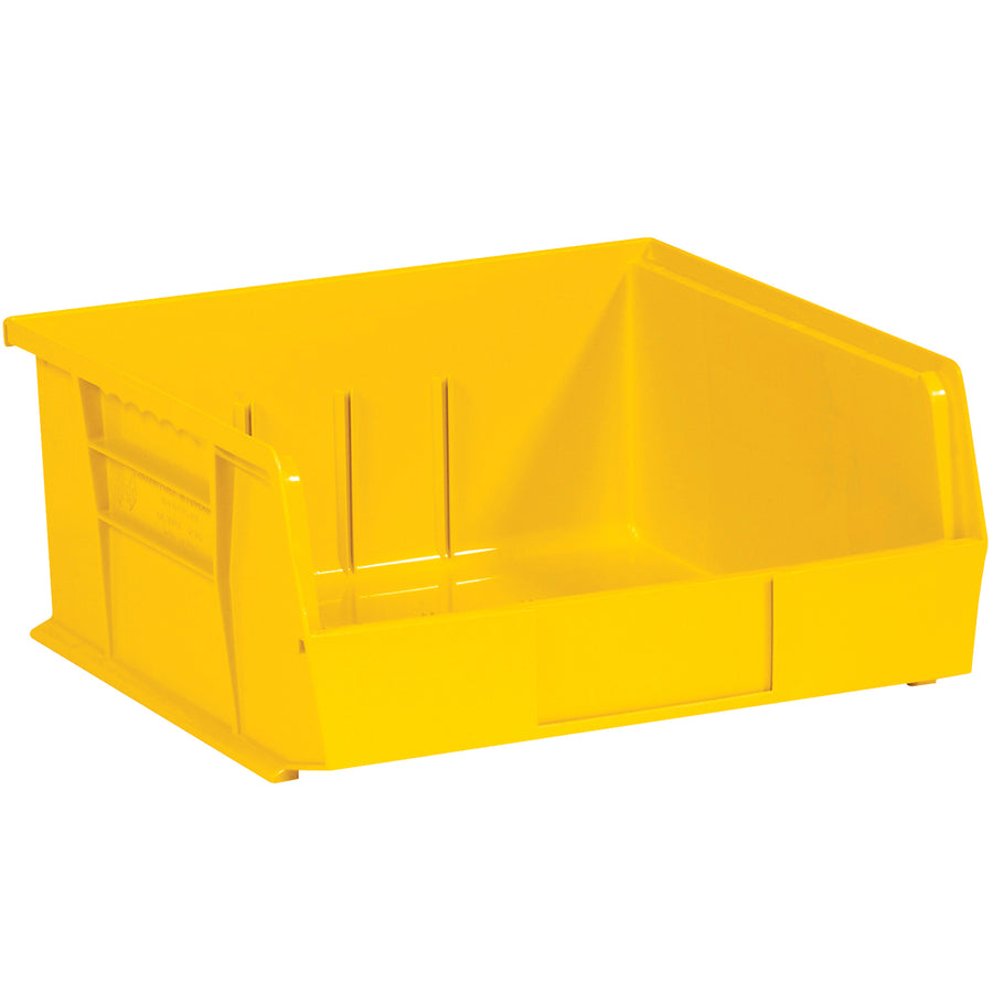Maximize warehouse and shelf space with these durable yellow plastic stack and hang bin boxes. Each case includes 6 stackable bins (10 7/8" x 11" x 5") featuring a flat front panel for easy labeling and organization of small parts and components.