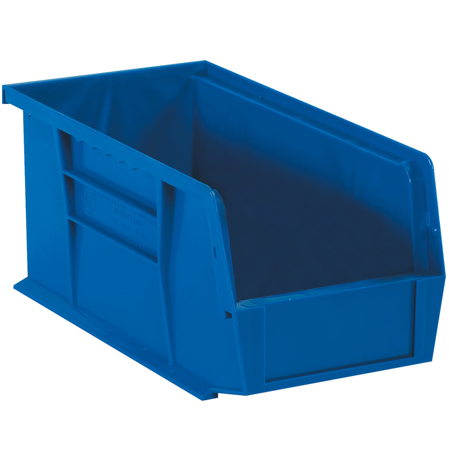 Maximize warehouse efficiency with these durable blue plastic stack and hang bin boxes. Each case includes 12 bins sized 10 7/8" x 5 1/2" x 5" with flat front panels for easy labeling and stackable design to save valuable shelf space.