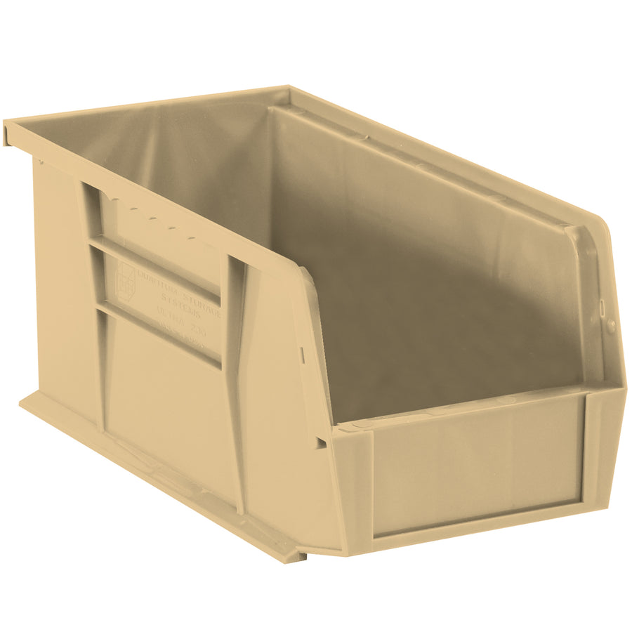 Store and organize small parts efficiently with these durable plastic stack & hang bin boxes featuring a flat front panel for easy labeling and stacking capability. Each case includes 12 ivory bins measuring 10 7/8" x 5 1/2" x 5" with interior dimensions of 10 1/4" x 4 3/8" x 4 3/4". Compatible with bin dividers and label holders to maximize storage density on your shelving system.