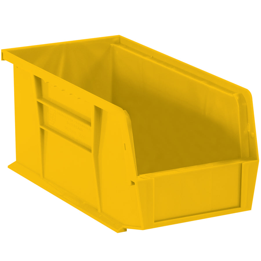 Heavy-duty yellow plastic stack and hang bin boxes engineered for efficient parts organization and shelf storage. Each case includes 12 stackable bins with flat front panels for easy labeling and identification. Interior dimensions 10 1/4" x 4 3/8" x 4 3/4" fit standard 10 7/8" shelf spacing, maximizing warehouse efficiency.