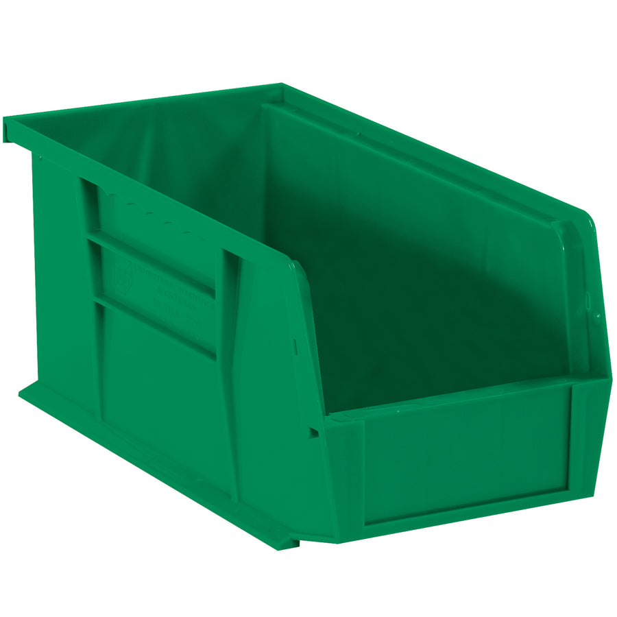 Store and organize small parts efficiently with these durable plastic stack and hang bin boxes. Features a flat front panel for easy labeling, stackable design to maximize shelf space, and dimensions of 14¾ 8¼ 7". Sold as a case of 12 units with inside dimensions of 14 6⁹⁄₁₆ 6¾".