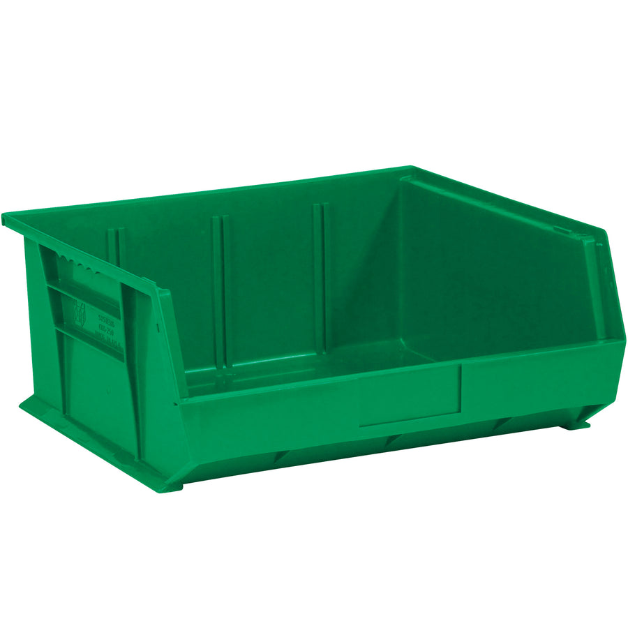 Maximize warehouse and shelf space with these stackable green plastic bins designed for small parts organization. Each case includes 6 durable plastic bin boxes featuring a flat front panel for easy labeling and compatible with bin dividers and organizers. Inside dimensions: 14x14.75x6.75"; fits 14.75" shelf size.