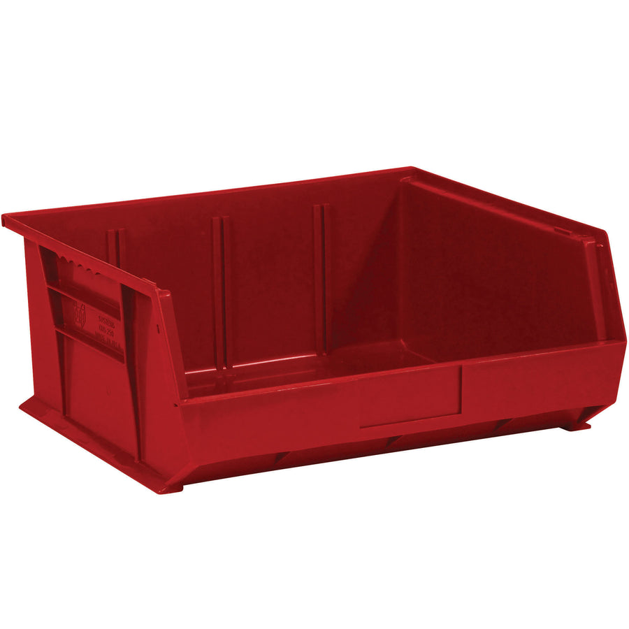 Maximize warehouse and shelf storage with these durable plastic stack and hang bins. The flat front panel accommodates labels for easy identification, while stackable design saves valuable floor space. Case of 6 red plastic bins fits standard 14 3/4" shelving.