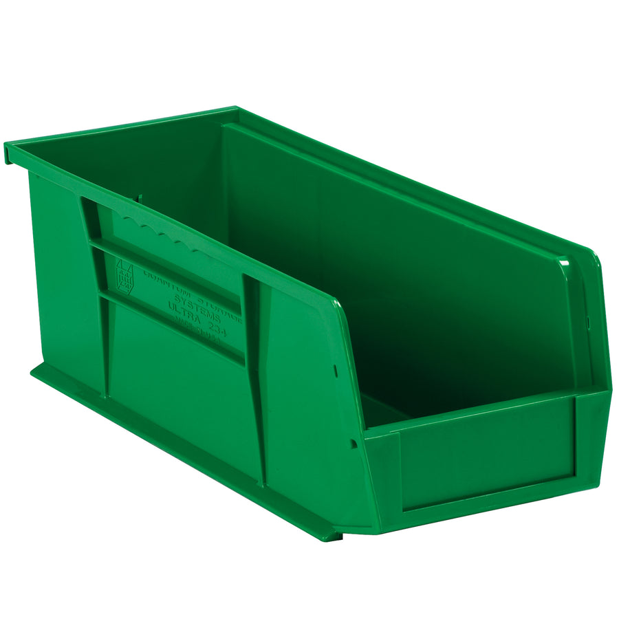 Space-saving green plastic bin boxes measuring 14 3/4" x 5 1/2" x 5" with stackable design and flat front labeling panel. This durable plastic storage solution holds small parts and components while maximizing shelf efficiency. Sold as a case of 12 bins for cost-effective parts organization.