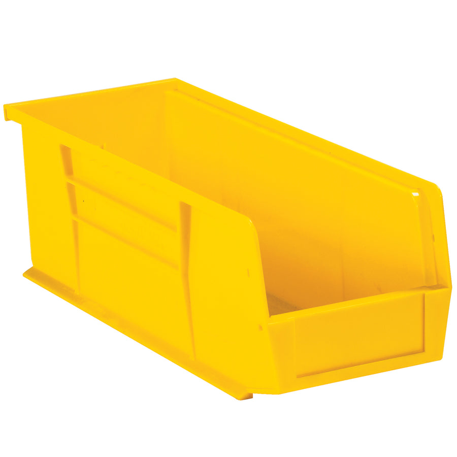 Space-efficient yellow plastic bin boxes with stackable design and flat front panel for easy labeling. Ideal for small parts organization, medical components, and industrial storage. Each case includes 12 durable bins with interior dimensions of 14 1/16" x 4 3/8" x 4 3/4".