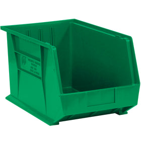 Store small parts efficiently with these durable green plastic stack and hang bin boxes. Built for industrial durability with a flat front panel for easy labeling, these stackable plastic bins maximize shelf space while keeping components organized and accessible. Sold as a case of 4.