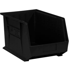 Space-efficient black plastic stack and hang bin boxes designed for industrial parts organization and storage. Each case includes 4 bins with flat front panels for easy labeling and durable construction built to withstand warehouse environments. Interior dimensions 15 1/8" x 10" x 7 3/4" fit standard 16" shelf sizes.