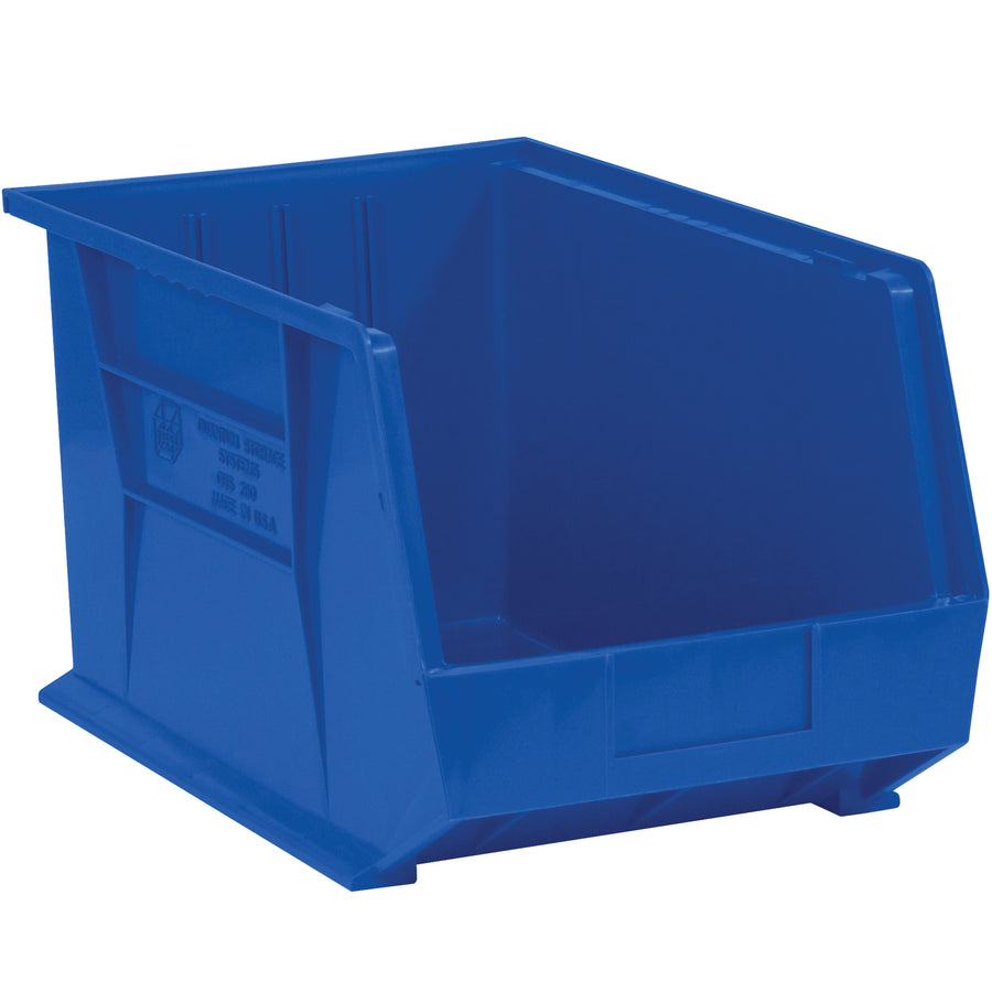 Maximize warehouse efficiency with these 18x11x10" blue plastic stack and hang bin boxes. Durable construction with a flat front panel for easy labeling–stack vertically to save valuable shelf space. Sold by the case of 4 units with inside dimensions of 17 1/8 x 10 x 9 3/4". Perfect for small parts, components, and medical storage applications.