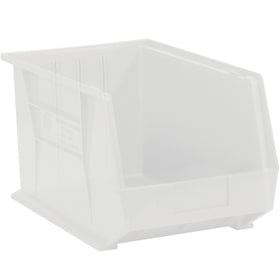 Maximize warehouse and shelf efficiency with these clear plastic stack and hang bin boxes sized 18x11x10". Built from durable plastic with a flat front panel for easy labeling, these stackable bins organize small parts and components while saving valuable floor space. Sold as a case of 4.