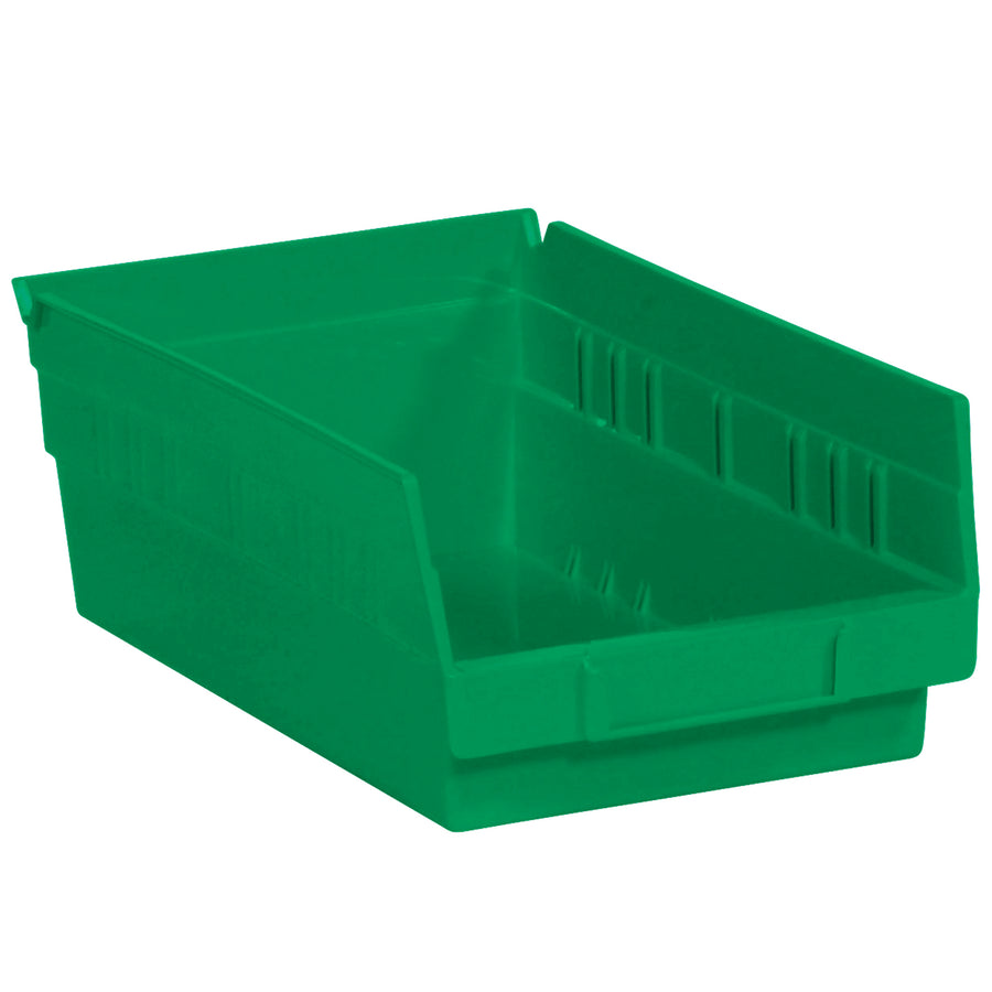Keep your warehouse organized with these heavy-duty 11 5/8" x 6 5/8" x 4" green plastic shelf bins. Each case includes 30 FDA-compliant, stackable bins featuring built-in label holders and rear hanglocks for easy access. Waterproof, grease-resistant, and built to last in demanding industrial environments.